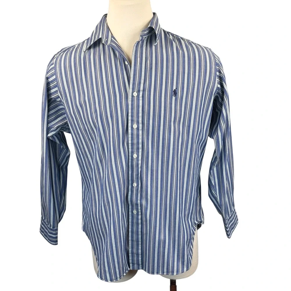 Polo Ralph Lauren Mens Andrew Shirt 16.5 34/35 Blue White‎ Striped Cotton L/S